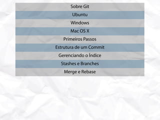 Sobre Git
       Ubuntu
      Windows
      Mac OS X
   Primeiros Passos
Estrutura de um Commit
 Gerenciando o Índice
  Stashes e Branches
   Merge e Rebase
 Modelo Centralizado
  Modelo Distribuído
   Comandos Extras
Lidando com Subversion
 Considerações Finais
 