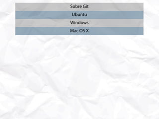 Sobre Git
       Ubuntu
      Windows
      Mac OS X
   Primeiros Passos
Estrutura de um Commit
 Gerenciando o Índice
  Stashes e Branches
   Merge e Rebase
 Modelo Centralizado
  Modelo Distribuído
   Comandos Extras
Lidando com Subversion
 Considerações Finais
 