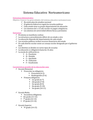 Sistema Educativo Norteamericano
Estructura Administrativa
Objetivo: Conocer las generalidades del sistema educativo norteamericano
            No existe plan de estudios nacional
            El gobierno federal no regula las escuelas publicas
            Cada estado tiene su propio departamento de educación
            Los alumnos de1 a 12 año escolar no pagan colegiaturas
            Los alumnos de universidad obtiene becas y prestamos
Estructura
    El sistema se manifiesta confuso
    La estructura y procedimiento difiere de un estado a otro
    La educación depende del departamento de cada estado
    Las escuelas publicas reciben recursos financieros del estado
    En cada distrito escolar existe un consejo escolar designado por el gobierno
       local
    Los distritos se dividen en varios tipos de escuelas
    La educación es obligatoria hasta los 16 años
    La escala de calificación es:
              A – Excelente
              B – Notable
              C – Aprobado
              D – Suficiente
              F – Insuficiente

Características grandes de la vida escolar sana
    Escuela Elemental
           Preescolar no obligatorio
                     Preeschool (4-5)
                     Kindergarden (5-6)
           Primaria obligatoria
                      1er grado (6-7)
                      2do grado (7-8)
                      3er grado (8-9)
                      4to grado (9-10)
                      5to grado (10-11)

    Escuela Media
         Secundaria obligatoria
        6to grado (11-12)
        7º grado (12-13)
        8º grado (13-14)

    Escuela Superior
         9º grado (14-15)
 