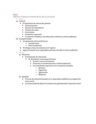 Éxito
Objetivo: Conocer al sistema de los dos C y las dos E
    Dos C
   a) Control
            El ministerio de educación plantea
            Infraestructura
            Numero de educadores
            Tamaño de aulas
            Curriculum
            Controla y supervisa
            Lo anterior establece una educación uniforme y nivel académico
   b) Competitividad
            Competencia entre prefecturas
                 Instalaciones
                 Nivel académico
            Privilegio a base de exámenes de ingreso
            Ingreso basado en la capacidad mantiene elevado el nivel académico
    Dos E
       a) Eficiencia
               El ministerio de educación
                 Se distribuye su presupuesto para
                       Formar recursos humanos
                       Promover la modernización e industrialización
                       Los estudiantes japoneses en su mayoría estudian
                             o Química
                             o Ingeniería
                             o Agronomía
                             o Medicina
       b) Equidad
               Proceso de selección basado en la capacidad académica no importa la
               clase social
               La Universidad de Kyoto ha tenido mas galardonados al premio novel
 