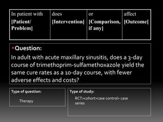 Question:
In adult with acute maxillary sinusitis, does a 3-day
course of trimethoprim-sulfamethoxazole yield the
same cure rates as a 10-day course, with fewer
adverse effects and costs?
In patient with
[Patient/
Problem]
does
[Intervention]
or
[Comparison,
if any]
affect
[Outcome]
Type of question: Type of study:
Therapy
RCT>cohort>case control> case
series
 
