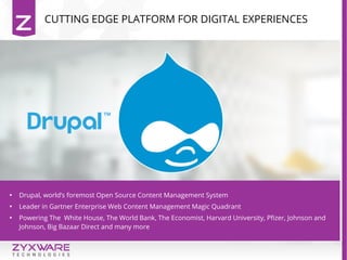 CUTTING EDGE PLATFORM FOR DIGITAL EXPERIENCES

Drupal, world’s foremost Open Source Content Management System

Leader in Gartner Enterprise Web Content Management Magic Quadrant

Powering The White House, The World Bank, The Economist, Harvard University, Pfizer, Johnson and
Johnson, Big Bazaar Direct and many more
 