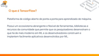 O que é TensorFlow?
Plataforma de código aberto de ponta a ponta para aprendizado de máquina. 

Possui um ecossistema abrangente e flexível de ferramentas, bibliotecas e
recursos da comunidade que permite que os pesquisadores desenvolvam o
que há de mais moderno em ML e os desenvolvedores construam e
implantem facilmente aplicativos desenvolvidos por ML.
 