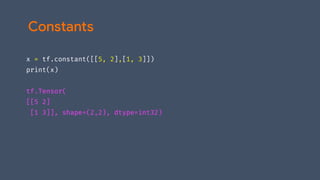 x = tf.constant([[5, 2],[1, 3]])
print(x)
tf.Tensor(
[[5 2]
[1 3]], shape=(2,2), dtype=int32)
Constants
 