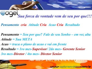 Sua forca de vontade vem de seu por que!!! Pensamento   cria  Atitude  Cria  Acao  Cria  Resultado  Pensamento  = Seu por que? Fale de seu Sonho – em voz alta Atitude  = Sua META Acao  = traca o plano de acao e vai em frente Resultado  = 1ro mes- Supevisor / 2do mes-  Gerente Senior 3ro mes- Diretor  / 4to mes-  Diretor Senior 5to mes- Dir. DIAMANTE!!! 