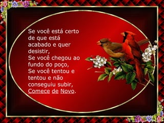 Se você está certo de que está acabado e quer desistir, Se você chegou ao fundo do poço, Se você tentou e tentou e não conseguiu subir, Comece   de   Novo . 