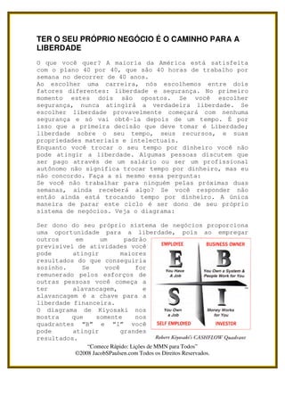 TER O SEU PRÓPRIO NEGÓCIO É O CAMINHO PARA A
LIBERDADE
O que você quer? A maioria da América está satisfeita
com o plano 40 por 40, que são 40 horas de trabalho por
semana no decorrer de 40 anos.
Ao escolher uma carreira, nós escolhemos entre dois
fatores diferentes: liberdade e segurança. No primeiro
momento estes dois são opostos. Se você escolher
segurança, nunca atingirá a verdadeira liberdade. Se
escolher liberdade provavelmente começará com nenhuma
segurança e só vai obtê-la depois de um tempo. É por
isso que a primeira decisão que deve tomar é Liberdade;
liberdade sobre o seu tempo, seus recursos, e suas
propriedades materiais e intelectuais.
Enquanto você trocar o seu tempo por dinheiro você não
pode atingir a liberdade. Algumas pessoas discutem que
ser pago através de um salário ou ser um profissional
autônomo não significa trocar tempo por dinheiro, mas eu
não concordo. Faça a si mesmo essa pergunta:
Se você não trabalhar para ninguém pelas próximas duas
semanas, ainda receberá algo? Se você responder não
então ainda está trocando tempo por dinheiro. A única
maneira de parar este ciclo é ser dono de seu próprio
sistema de negócios. Veja o diagrama:

Ser dono do seu próprio sistema de negócios proporciona
uma oportunidade para a liberdade, pois ao empregar
outros     em     um     padrão
previsível de atividades você
pode      atingir       maiores
resultados do que conseguiria
sozinho.     Se    você     for
remunerado pelos esforços de
outras pessoas você começa a
ter       alavancagem,        e
alavancagem é a chave para a
liberdade financeira.
O diagrama de Kiyosaki nos
mostra   que    somente     nos
quadrantes “B” e “I” você
pode      atingir       grandes
resultados.
              “Comece Rápido: Lições de MMN para Todos”
          ©2008 JacobSPaulsen.com Todos os Direitos Reservados.
 