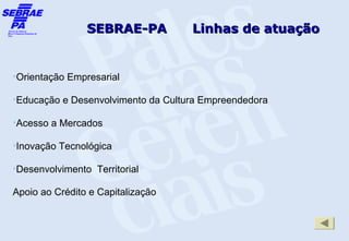 SEBRAE-PA           Linhas de atuação


•Orientação Empresarial

•Educação e Desenvolvimento da Cultura Empreendedora

•Acesso a Mercados

•Inovação Tecnológica

•Desenvolvimento Territorial

Apoio ao Crédito e Capitalização
 