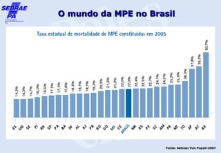 O mundo da MPE no Brasil




                      Fonte: Sebrae/Vox Populi-2007
 