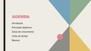 AGENDA
Introdução
Principais objetivos
Áreas de crescimento
Linha do tempo
Resumo
 