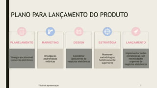 PLANO PARA LANÇAMENTO DO PRODUTO
Título da apresentação 7
PLANEJAMENTO
Sinergia escalonável
comércio eletrônico
MARKETING
Divulgação
padronizada
métricas
DESIGN
Coordenar
aplicativos de
negócios eletrônicos
ESTRATÉGIA
Promover
metodologias
holisticamente
superiores
LANÇAMENTO
Implementar redes
estratégicas com
necessidades
urgentes de
negócios eletrônicos
 