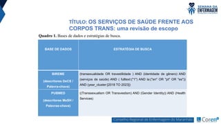 TÍTULO: OS SERVIÇOS DE SAÚDE FRENTE AOS
CORPOS TRANS: uma revisão de escopo
Quadro 1. Bases de dados e estratégias de busca.
BASE DE DADOS ESTRATÉGIA DE BUSCA
BIREME
(descritores DeCS /
Palavra-chave)
(transexualidade OR travestilidade ) AND (identidade de gênero) AND
(serviços de saúde) AND ( fulltext:("1") AND la:("en" OR "pt" OR "es"))
AND (year_cluster:[2018 TO 2023])
PUBMED
(descritores MeSH /
Palavras-chave)
((Transsexualism OR Transvestism) AND (Gender Identity)) AND (Health
Services)
 