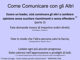Come Comunicare con gli Altri Essere un leader, cioè convincere gli altri a cambiare opinione senza suscitare risentimenti e senza offendere  (*) (*)   Dale Carnegie,  “Come trattare gli altri e farseli Amici.”  BOMPIANI 1936   Fate domande invece di impartire ordini diretti; (Coinvolgere, motivare..) Fate in modo che l’altra persona salvi la faccia; ( Salvaguardare la  dignità  altrui…) Lodate ogni più piccolo progresso. Siate calorosi nell’approvazione e prodighi di lodi; ( “ Le capacità appassiscono sotto la critica, fioriscono sotto l’incoraggiamento”) Essere un leader, cioè convincere gli altri a cambiare opinione senza suscitare risentimenti e senza offendere  (*) (parte 2) 