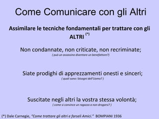 Come Comunicare con gli Altri Assimilare le tecniche fondamentali per trattare con gli ALTRI  (*) (*)   Dale Carnegie,  “Come trattare gli altri e farseli Amici.”  BOMPIANI 1936   Non condannate, non criticate, non recriminate; ( può un assassino diventare un benefattore?) Siate prodighi di apprezzamenti onesti e sinceri; ( quali sono i bisogni dell’Uomo? ) Suscitate negli altri la vostra stessa volontà; ( come si convince un ragazzo a non drogarsi? ) 