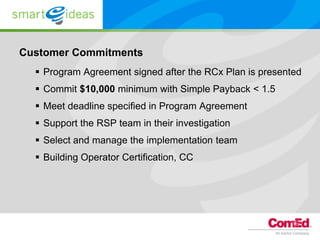 Customer Commitments
   Program Agreement signed after the RCx Plan is presented
   Commit $10,000 minimum with Simple Payback < 1.5
   Meet deadline specified in Program Agreement
   Support the RSP team in their investigation
   Select and manage the implementation team
   Building Operator Certification, CC
 