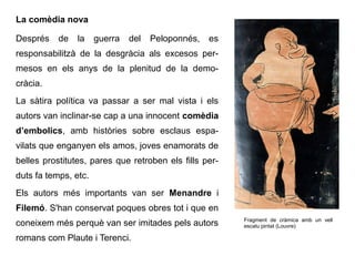 La comèdia nova
Després de la guerra del Peloponnés, es
responsabilitzà de la desgràcia als excesos per-
mesos en els anys de la plenitud de la demo-
cràcia.
La sàtira política va passar a ser mal vista i els
autors van inclinar-se cap a una innocent comèdia
d’embolics, amb històries sobre esclaus espa-
vilats que enganyen els amos, joves enamorats de
belles prostitutes, pares que retroben els fills per-
duts fa temps, etc.
Els autors més importants van ser Menandre i
Filemó. S'han conservat poques obres tot i que en
coneixem més perquè van ser imitades pels autors
romans com Plaute i Terenci.
Fragment de cràmica amb un vell
escalu pintat (Louvre)
 
