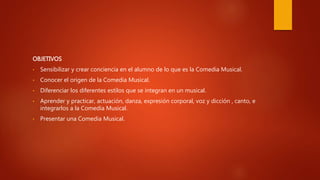 OBJETIVOS
• Sensibilizar y crear conciencia en el alumno de lo que es la Comedia Musical.
• Conocer el origen de la Comedia Musical.
• Diferenciar los diferentes estilos que se integran en un musical.
• Aprender y practicar, actuación, danza, expresión corporal, voz y dicción , canto, e
integrarlos a la Comedia Musical.
• Presentar una Comedia Musical.
 