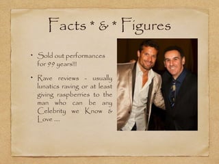 Facts * & * Figures
Sold out performances
for 99 years!!!

Rave reviews - usually
lunatics raving or at least
giving raspberries to the
man who can be any
Celebrity we Know &
Love ….
 