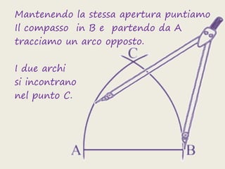 Mantenendo la stessa apertura puntiamo
Il compasso in B e partendo da A
tracciamo un arco opposto.

I due archi
si incontrano
nel punto C.
 