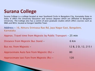 Surana College
Address - 16, Nitturu Srinivasa Rao Rd, Jaya Nagar East, Bangalore,
Karnataka
Distance from Majestic Bus Stand - 6 Km
Bus no. from Majestic - 12 B, 2 D, 12, 215 I
Approximate Auto fare from Majestic (Rs) - 80
Approximate taxi Fare from Majestic (Rs) - 120
Approx. Travel time from Majestic by Public Transport - 25 min
Surana College is a college located at near Southend Circle in Bangalore City, Karnataka State in
India. It offers Pre University Education and various degrees which are affiliated to Bangalore
University. The College also has a centre of post graduate studies which offers courses such as
MBA and MCA. located at Kengeri Satellite Town
 