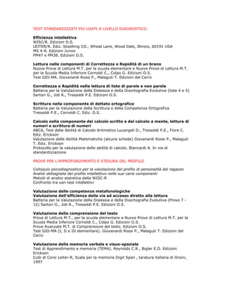TEST STANDARDIZZATI PIÙ USATI A LIVELLO DIAGNOSTICO:
Efficienza intellettiva
WISC/R. Edizioni O.S.
LEITER/R. Ediz. Stoelting CO., Wheat Lane, Wood Dale, Illinois, 60191 USA
MS 4-8. Edizioni Junior
PM47 e PM38. Edizioni O.S.
Lettura nelle componenti di Correttezza e Rapidità di un brano
Nuove Prove di Lettura M.T. per la scuola elementare e Nuove Prove di Lettura M.T.
per la Scuola Media Inferiore Cornoldi C., Colpo G. Edizioni O.S.
Test GIO-MA. Giovanardi Rossi P., Malaguti T. Edizioni del Cerro
Correttezza e Rapidità nella lettura di liste di parole e non parole
Batteria per la Valutazione della Dislessia e della Disortografia Evolutiva (liste 4 e 5)
Sartori G., Job R., Tressoldi P.E. Edizioni O.S.
Scrittura nella componente di dettato ortografico
Batteria per la Valutazione della Scrittura e della Competenza Ortografica
Tressoldi P.E., Cornoldi C. Ediz. O.S.
Calcolo nella componente del calcolo scritto e del calcolo a mente, lettura di
numeri e scrittura di numeri
ABCA, Test delle Abilità di Calcolo Aritmetico Lucangeli D., Tressoldi P.E., Fiore C.
Ediz. Erickson
Valutazione delle Abilità Matematiche (alcune schede) Giovanardi Rossi P., Malaguti
T. Ediz. Erickson
Protocollo per la valutazione delle abilità di calcolo. Biancardi A. In via di
standardizzazione
PROVE PER L’APPROFONDIMENTO E STESURA DEL PROFILO
Colloquio psicodiagnostico per la valutazione del profilo di personalità del ragazzo
Analisi dettagliata del profilo intellettivo nelle sue varie componenti
Metodi di analisi statistica della WISC-R
Confronto tra vari test intellettivi
Valutazione delle competenze metafonologiche
Valutazione dell’efficienza della via ad accesso diretto alla lettura
Batteria per la Valutazione della Dislessia e della Disortografia Evolutiva (Prove 7 -
12) Sartori G., Job R., Tressoldi P.E. Edizioni O.S.
Valutazione della comprensione del testo
Prove di Lettura M.T., per la scuola elementare e Nuove Prove di Lettura M.T. per la
Scuola Media Inferiore Cornoldi C., Colpo G. Edizioni O.S.
Prove Avanzate M.T. di Comprensione del testo. Edizioni O.S.
Test GIO-MA (I, II e III elementare). Giovanardi Rossi P., Malaguti T. Edizioni del
Cerro
Valutazione della memoria verbale e visuo-spaziale
Test di Apprendimento e memoria (TEMA). Reynolds C.R., Bigler E.D. Edizioni
Erickson
Cubi di Corsi Leiter-R, Scala per la memoria Digit Span , taratura italiana di Orsini,
1997
 