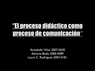 “ El proceso didáctico como proceso de comunicación ” Annabelle Viñas 2007-0420 Adriana  Badía  2006-0389 Laura C. Rodríguez 2007-0181 