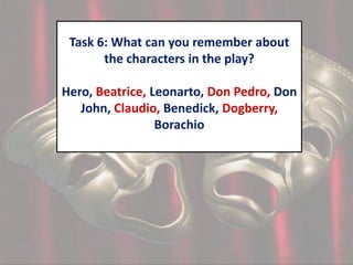 Task 6: What can you remember about
the characters in the play?
Hero, Beatrice, Leonarto, Don Pedro, Don
John, Claudio, Benedick, Dogberry,
Borachio

 