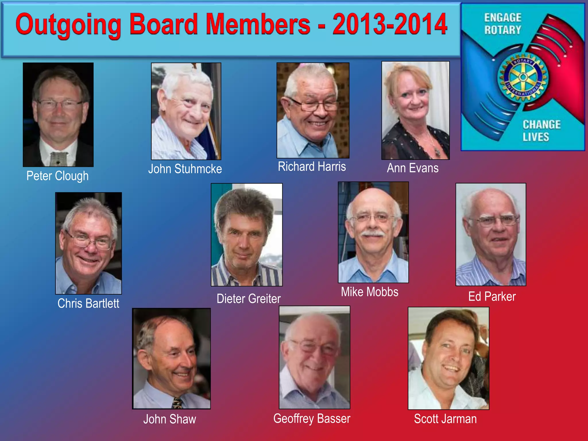 Scott Jarman
John Stuhmcke Richard Harris
Chris Bartlett
Peter Clough
Geoffrey Basser
Dieter Greiter
Mike Mobbs
Ann Evans
Ed Parker
John Shaw
 