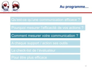 Au programme…


Qu’est-ce qu’une communication efficace ?

Pourquoi mesurer l’efficacité de vos actions ?

Comment mesurer votre communication ?

A chaque support / action ses outils

La check-list de l’évaluateur
Pour être plus efficace

                                                 12
 