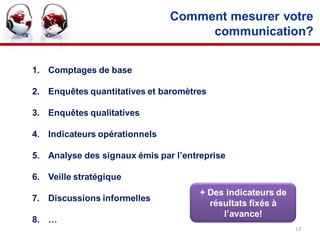 Comment mesurer votre
                                    communication?


1. Comptages de base

2. Enquêtes quantitatives et baromètres

3. Enquêtes qualitatives

4. Indicateurs opérationnels

5. Analyse des signaux émis par l’entreprise

6. Veille stratégique
                                      + Des indicateurs de
7. Discussions informelles
                                        résultats fixés à
                                           l’avance!
8. …
                                                             13
 