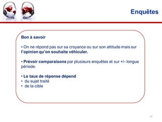 Enquêtes


Bon à savoir

• On ne répond pas sur sa croyance ou sur son attitude mais sur
l’opinion qu’on souhaite véhiculer.

• Prévoir comparaisons par plusieurs enquêtes et sur +/- longue
période.

• Le taux de réponse dépend
• du sujet traité
• de la cible




                                                                  17
 