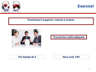 Exercice!


       Choisissez 5 supports / actions à évaluer




                             Trouvez les outils adéquats




Par équipe de 2                      Vous avez 1/4h



                                                           26
 