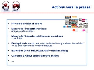 Actions vers la presse



•   Nombre d’articles et qualité

•   Mesure de l’impact thématique:
    analyse du ton utilisé

•   Mesure de l’impact médiatique sur les actions
    + évolution

•   Perception de la marque: comparaison de ce que disent les médias
    >< ce que pensent les consommateurs

•   Baromètre de visibilité quantitatif + benchmarking

•   Calcul de la valeur publicitaire des articles

•   …

                                                                       29
 