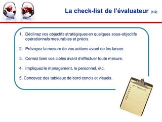 La check-list de l’évaluateur              (1/2)




1. Déclinez vos objectifs stratégiques en quelques sous-objectifs
   opérationnels mesurables et précis.

2. Prévoyez la mesure de vos actions avant de les lancer.

3. Cernez bien vos cibles avant d’effectuer toute mesure.

4. Impliquez le management, le personnel, etc.

5. Concevez des tableaux de bord concis et visuels.




                                                                    35
 