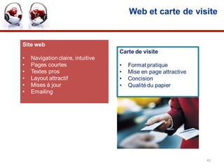 Web et carte de visite


Site web
                                   Carte de visite
•   Navigation claire, intuitive
•   Pages courtes                  •   Format pratique
•   Textes pros                    •   Mise en page attractive
•   Layout attractif               •   Concision
•   Mises à jour                   •   Qualité du papier
•   Emailing




                                                                 41
 