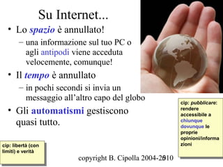 Su Internet...
  • Lo spazio è annullato!
       – una informazione sul tuo PC o
         agli antipodi viene acceduta
         velocemente, comunque!
  • Il tempo è annullato
       – in pochi secondi si invia un
         messaggio all’altro capo del globo              cip: pubblicare:
                                                          cip: pubblicare:
  • Gli automatismi gestiscono                           rendere
                                                          rendere
                                                         accessibile aa
                                                          accessibile
    quasi tutto.                                         chiunque
                                                          chiunque
                                                         dovunque le
                                                          dovunque le
                                                         proprie
                                                          proprie
                                                         opinioni/informa
                                                          opinioni/informa
cip: libertà (con                                        zioni
                                                          zioni
 cip: libertà (con
limiti) eeverità
 limiti) verità
                        copyright B. Cipolla 2004-2010
                                                   5
 
