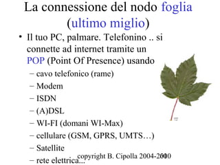 La connessione del nodo foglia
        (ultimo miglio)
• Il tuo PC, palmare. Telefonino .. si
  connette ad internet tramite un
  POP (Point Of Presence) usando
  – cavo telefonico (rame)
  – Modem
  – ISDN
  – (A)DSL
  – WI-FI (domani WI-Max)
  – cellulare (GSM, GPRS, UMTS…)
  – Satellite
                  copyright B. Cipolla 2004-2010
                                             60
  – rete elettrica...
 