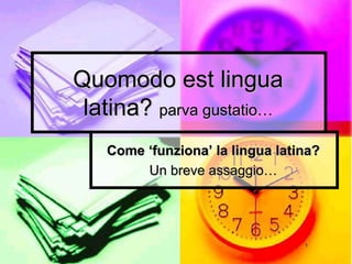 Quomodo est lingua
 latina? parva gustatio…
   Come „funziona‟ la lingua latina?
        Un breve assaggio…




                                 1
 