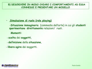 • Simulazione di ruolo (role playing)
-Situazione immaginaria (commedia dell’arte) in cui gli studenti
sperimentano direttamente relazioni/ ruoli.
Momenti:
- scelta dei soggetti,
- definizione della situazione,
- libero agire dei soggetti.
B) DESCRIVERE IN MODO CHIARO I COMPORTAMENTI AD ESSA
CONNESSI E PRESENTARE UN MODELLO
Paola Gentile
 