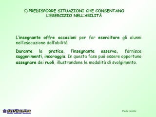 C) PREDISPORRE SITUAZIONI CHE CONSENTANO
L’ESERCIZIO NELL’ABILITÀ
L’insegnante offre occasioni per far esercitare gli alunni
nell’esecuzione dell’abilità.
Durante la pratica, l’insegnante osserva, fornisce
suggerimenti, incoraggia. In questa fase può essere opportuno
assegnare dei ruoli, illustrandone le modalità di svolgimento. 
Paola Gentile
 