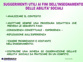 ANALIZZARE IL CONTESTO
ADOTTARE SEMPRE UNA PROCEDURA DIDATTICA CHE
PREVEDA LE SEGUENTI FASI:
-CONOSCENZA CONCETTUALE - ESPERIENZA -
-RIFLESSIONE SULL’ESPERIENZA
COSTRUIRE UNA SCHEDA DI OSSERVAZIONE DELLA/E
ABILITA’ SOCIALI DA PRATICARE IN UN COMPITO.
ESSERE PROGRESSIVI E COSTANTI
NELL’INSEGNAMENTO;
Paola Gentile
 