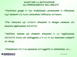 SUSCITARE LA MOTIVAZIONE
ALL’APPRENDIMENTO DELL’ABILITÀ
Paola Gentile
Costituire gruppi di tipo tradizionale, promovendo la riflessione
sugli elementi che hanno ostacolato l’efficacia del lavoro
Far rievocare agli studenti situazioni di disagio connesse alla
mancata applicazione dell’abilità;
Definire, insieme agli studenti, situazioni in cui l’applicazione
dell’abilità stessa sia vantaggiosa o in cui la sua mancanza comporti
dei disagi
Comunicare che il suo possesso sarà oggetto di valutazione, ecc….
 