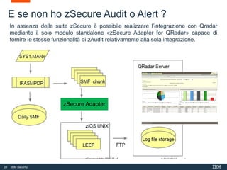 28 IBM Security
In assenza della suite zSecure è possibile realizzare l’integrazione con Qradar
mediante il solo modulo standalone «zSecure Adapter for QRadar» capace di
fornire le stesse funzionalità di zAudit relativamente alla sola integrazione.
zSecure Adapter
E se non ho zSecure Audit o Alert ?
 