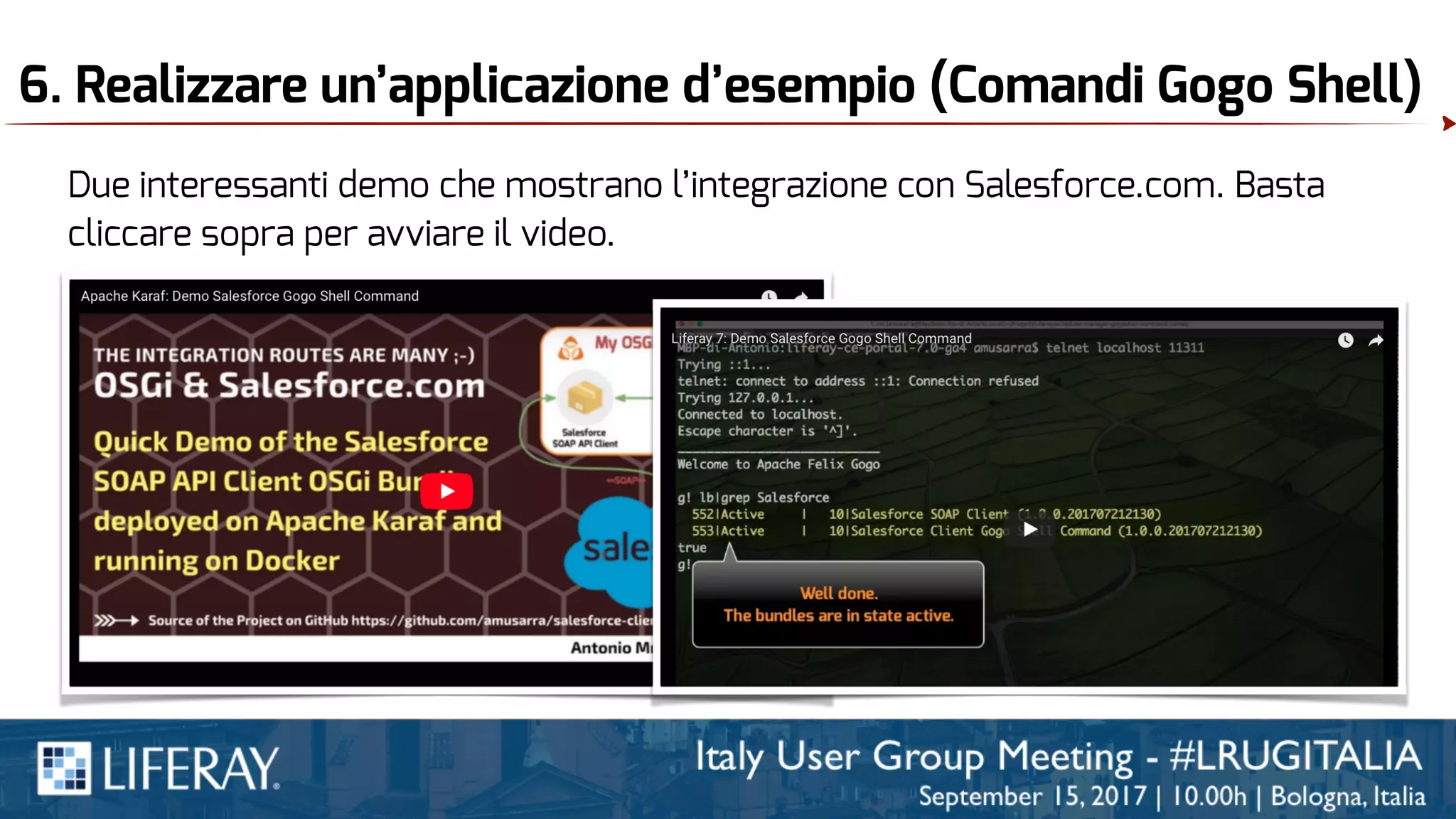 6. Realizzare un’applicazione d’esempio (Comandi Gogo Shell)
Due interessanti demo che mostrano l’integrazione con Salesforce.com. Basta
cliccare sopra per avviare il video.
 