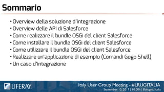 Sommario
•Overview della soluzione d’integrazione
•Overview delle API di Salesforce
•Come realizzare il bundle OSGi del client Salesforce
•Come installare il bundle OSGi del client Salesforce
•Come utilizzare il bundle OSGi del client Salesforce
•Realizzare un’applicazione di esempio (Comandi Gogo Shell)
•Un caso d’integrazione
 