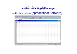 ซอฟต์ แวร์ สําเร็จรู ป (Package)
• ซอฟต์แวร์ทาการคํานวณ (spreadsheet Software)
            ํ
 