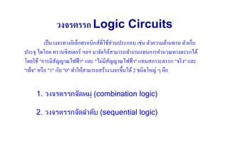 วงจรตรรก Logic Circuits
           เป็ นวงจรทางอิเล็กทรอนิกส์ทีใช้ส่วนประกอบ เช่น ตัวความต้านทาน ตัวเก็บ
ประจุ ไดโอด ทรานซิ สเตอร์ ฯลฯ มาจัดให้สามารถทํางานแทนการคํานวณทางตรรกได้
โดยใช้ "การมีสัญญาณไฟฟ้ า" และ "ไม่มีสัญญาณไฟฟ้ า" แทนสภาวะตรรก "จริ ง" และ
"เท็จ" หรื อ "1" กับ "0" ทําให้สามารถสร้างวงจรขึ3นได้ 2 ชนิดใหญ่ ๆ คือ


     1. วงจรตรรกจัดหมู (combination logic)

     2. วงจรตรรกจัดลําดับ (sequential logic)
 