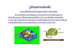 รู ปแบบจานแม่ เหล็ก
                   2.จานแม่ เหล็กแบบแข็ง (Magnetic Disk or Hard Disk)
            ประกอบด้ วยแผ่ นจานแม่ เหล็ก(platters) สองแผ่ นหรือมากกว่ ามาจัดเรียงอยู่บนแกน
เดียวกันเรียก Spindle ทําให้ แผ่ นแม่ เหล็กหมุนไปพร้ อม ๆ กัน จากการขับเคลือนของมอเตอร์ ด้วย
                                                                           (
ความเร็ว 3600 รอบต่ อนาที แต่ ละหน้ าของแผ่ นจานจะมีหัวอ่ านเขียนประจําเฉพาะ โดยหัวอ่ านเขียนทุก
หัวจะเชื(อมติดกันคล้ ายหวี สามารถเคลือนเข้ าออกระหว่ างแทร็กต่ าง ๆ อย่ างรวดเร็ว
                                         (
 