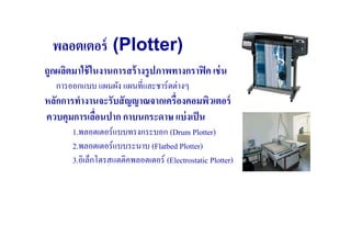 พลอตเตอร์ (Plotter)
ถูกผลิตมาใช้ ในงานการสร้ างรูปภาพทางกราฟิ ค เช่ น
   การออกแบบ แผนผัง แผนที#และชาร์ ตต่างๆ
หลักการทํางานจะรับสั ญญาณจากเครื(องคอมพิวเตอร์
ควบคุมการเลือนปาก กาบนกระดาษ แบ่ งเป็ น
            (
       1.พลอตเตอร์ แบบทรงกระบอก (Drum Plotter)
       2.พลอตเตอร์ แบบระนาบ (Flatbed Plotter)
       3.อิเล็กโตรสแตติคพลอตเตอร์ (Electrostatic Plotter)
 