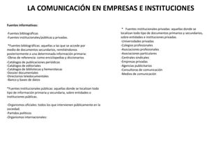 Fuentes informativas:
-Fuentes bibliográficas
-Fuentes institucionales/públicas y privadas.
*Fuentes bibliográficas: aquellas a las que se accede por
medio de documentos secundarios, remitiéndonos
posteriormente a una determinada información primaria:
LA COMUNICACIÓN EN EMPRESAS E INSTITUCIONES
-Obras de referencia: como enciclopedias y diccionarios
-Catálogos de publicaciones periódicas
-Catálogos de editoriales
-Catálogos de bibliotecas y hemerotecas
-Dossier documentales
-Directorios teledocumentales
-Banco y bases de datos
*Fuentes institucionales públicas: aquellas donde se localizan todo
tipo de información primaria y secundaria, sobre entidades o
instituciones públicas.
-Organismos oficiales: todos los que intervienen públicamente en la
sociedad.
-Partidos políticos
-Organismos internacionales:
* Fuentes institucionales privadas: aquellas donde se
localizan todo tipo de documentos primarios y secundarios,
sobre entidades e instituciones privadas.
-Universidades privadas
-Colegios profesionales
-Asociaciones profesionales
-Asociaciones particulares
-Centrales sindicales
-Empresas privadas
-Agencias publicitarios
-Consultoras de comunicación
-Medios de comunicación
 